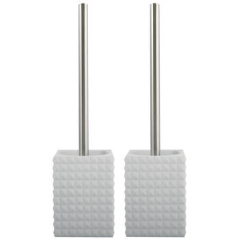 MSV Toiletborstel houder Kubik - 2x - kunststeen - wit/zilver - 37 cm - Toiletborstels