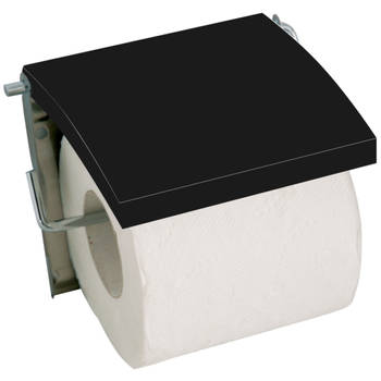 MSV Toiletrolhouder wand/muur - metaal en MDF hout klepje - zwart - Toiletrolhouders