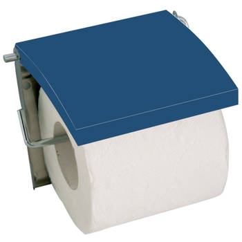 MSV Toiletrolhouder wand/muur - metaal en MDF hout klepje - donkerblauw - Toiletrolhouders