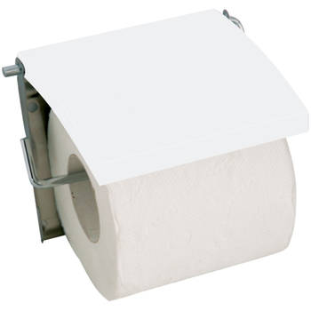 MSV Toiletrolhouder wand/muur - metaal en MDF hout klepje - ivoor wit - Toiletrolhouders