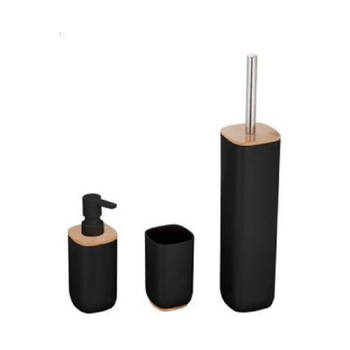 Badkamerset 3-delig - zwart - bamboe en rvs - toiletborstel - zeeppomp - beker - Badkameraccessoireset