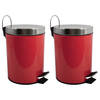 MSV Prullenbak/pedaalemmer - 2x - metaal - rood - 3 liter - 17 x 25 cm - Badkamer/toilet - Pedaalemmers