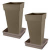 Set van 2x stuks bloempotten Toscane vierkant kunststof taupe 43 x 43 x 80 cm inclusief onderschalen - Plantenpotten