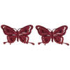 2x Kerstversieringen vlinder op clip glitter bordeaux rood 14 cm - Kersthangers