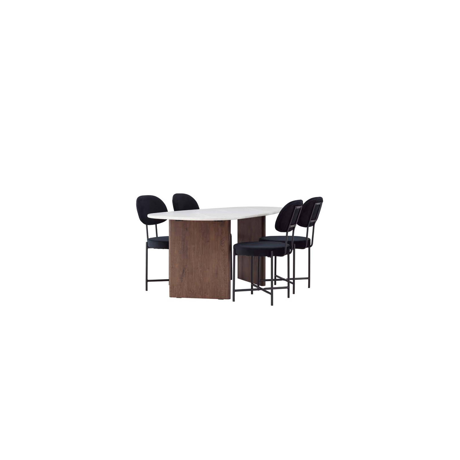 Grönvik eethoek tafel offwhite en 4 Stella stoelen zwart.