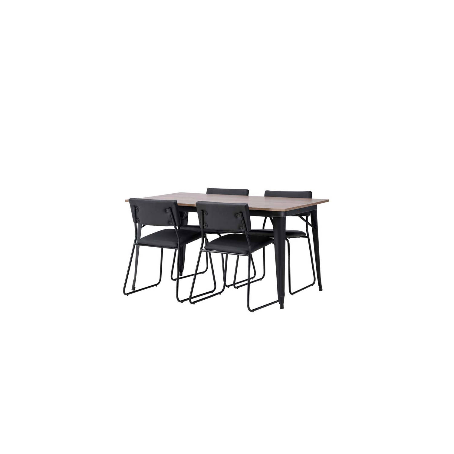 Tempe eethoek tafel okkernoot decor en 4 Kenth stoelen zwart.
