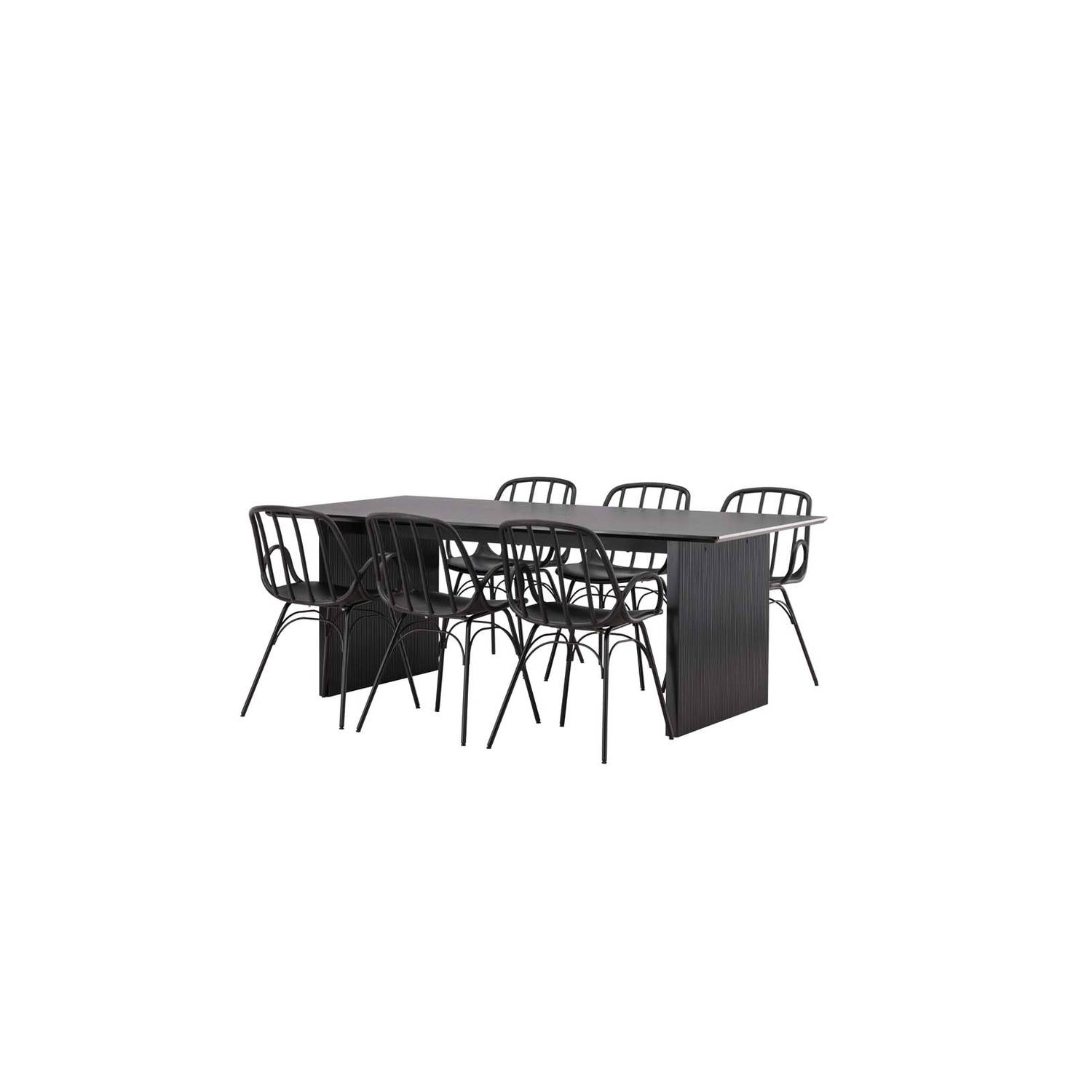 Vail eethoek tafel zwart en 6 Dyrön stoelen zwart.
