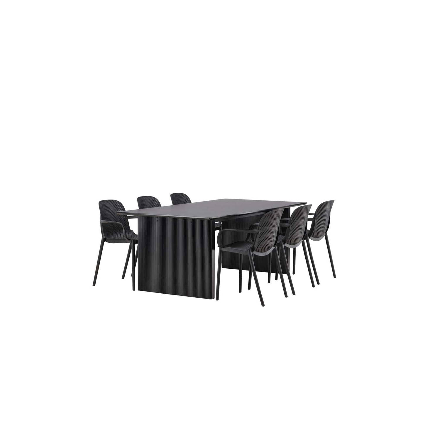 Vail eethoek tafel zwart en 6 baltimore stoelen zwart.