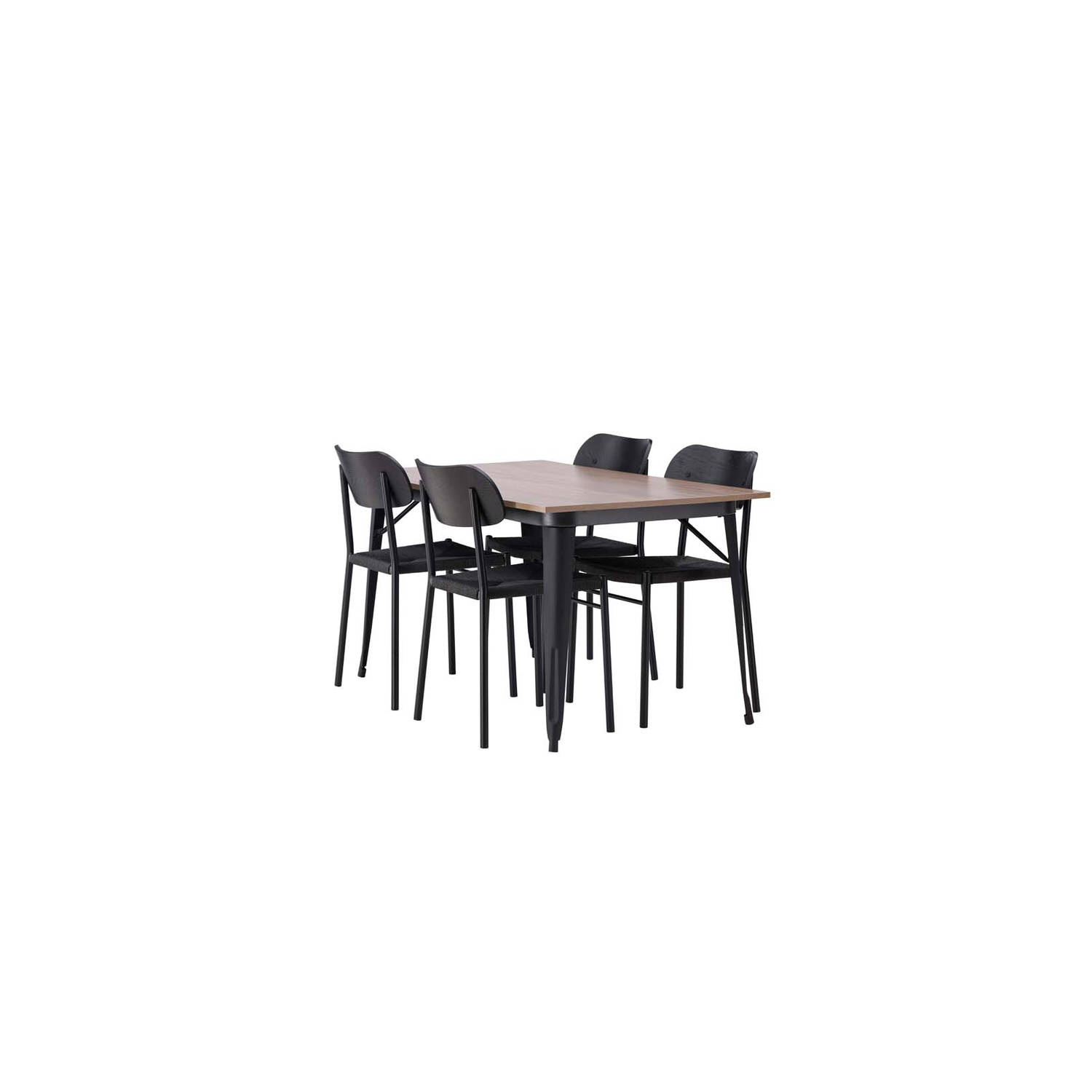 Tempe eethoek tafel okkernoot decor en 4 Polly stoelen zwart.
