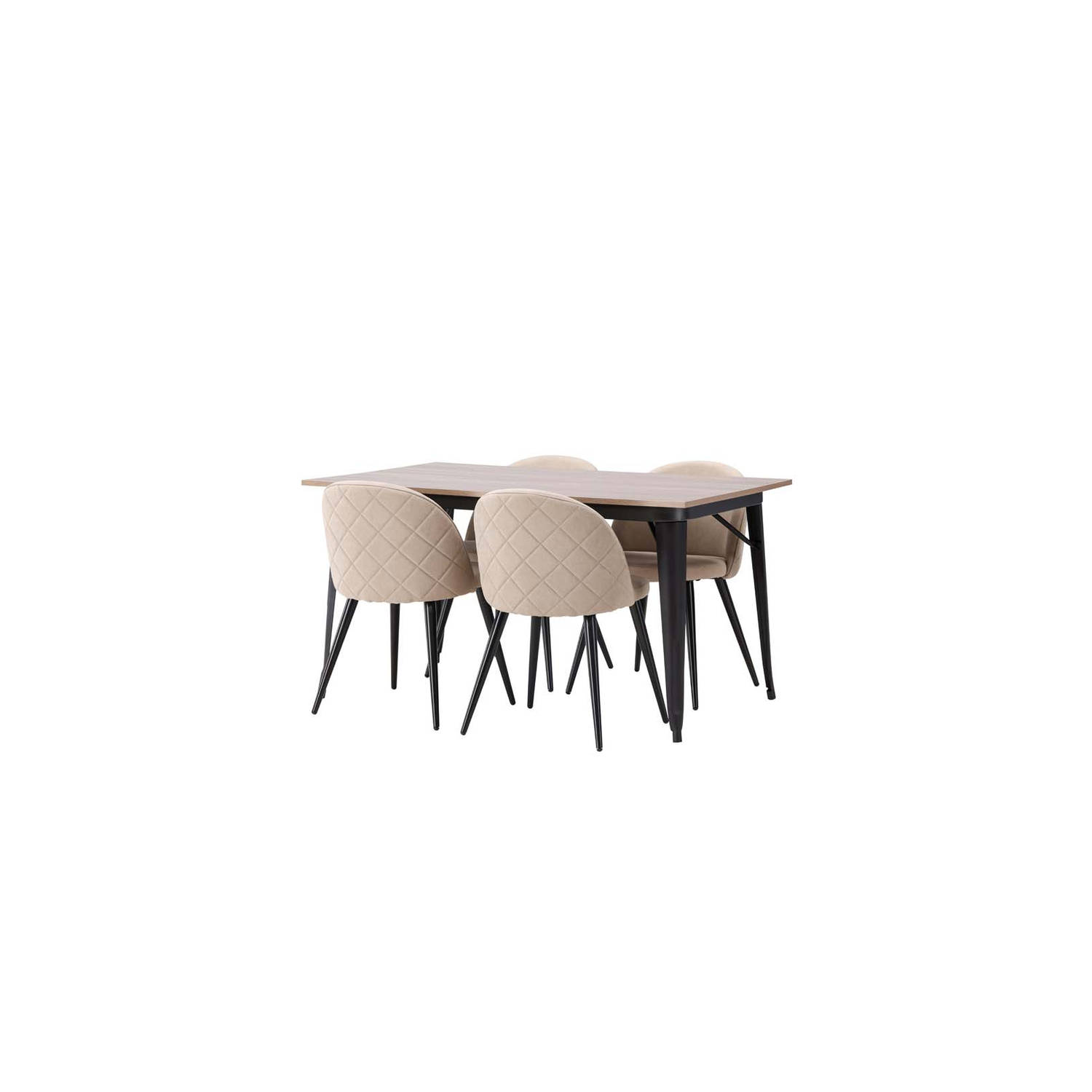 Tempe eethoek tafel okkernoot decor en 4 Velvet stoelen beige.