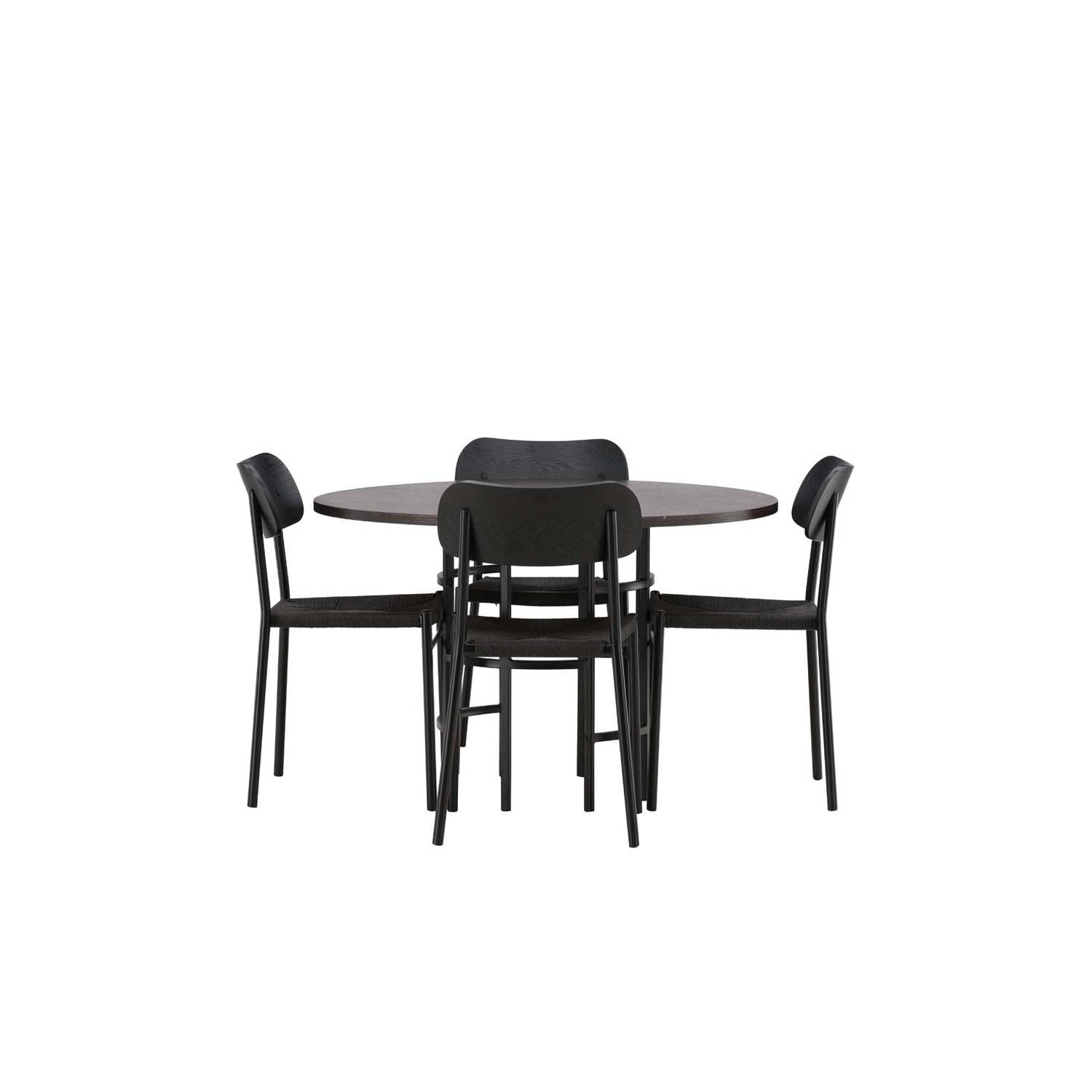 Copenhagen eethoek tafel mokka en 4 Polly stoelen zwart.