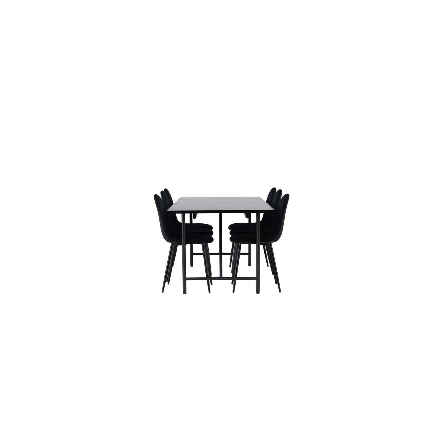 Astrid eethoek tafel zwart en 6 Polar stoelen zwart.