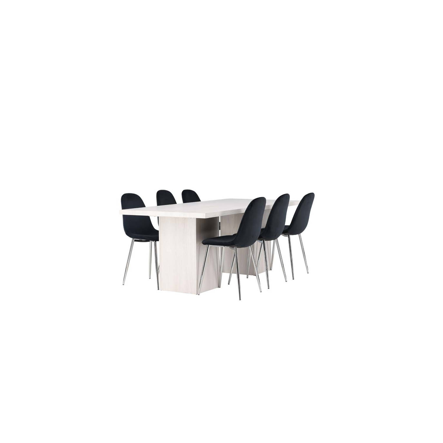 Olga eethoek tafel wit en 6 Polar stoelen zwart.