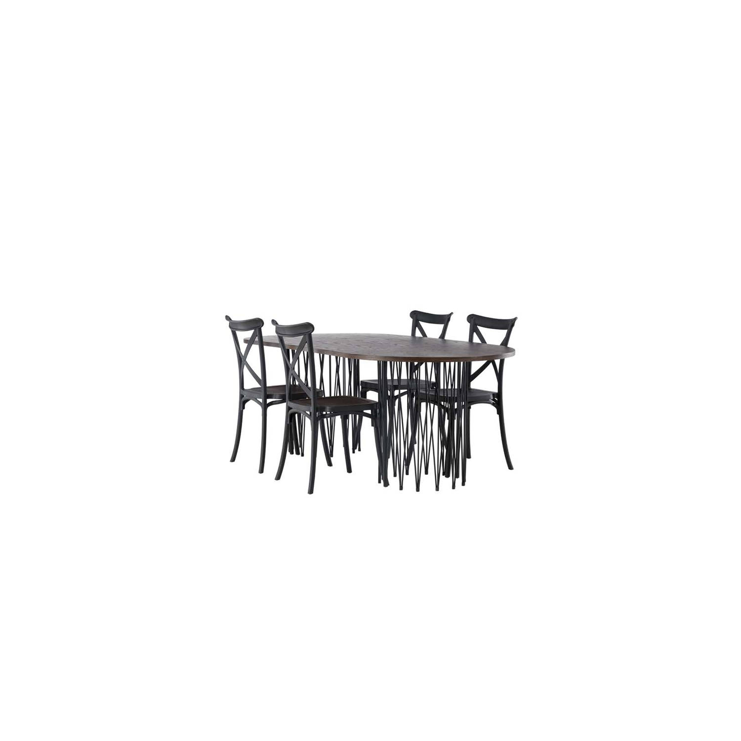 Stone eethoek tafel mokka en 4 Crosett stoelen zwart.