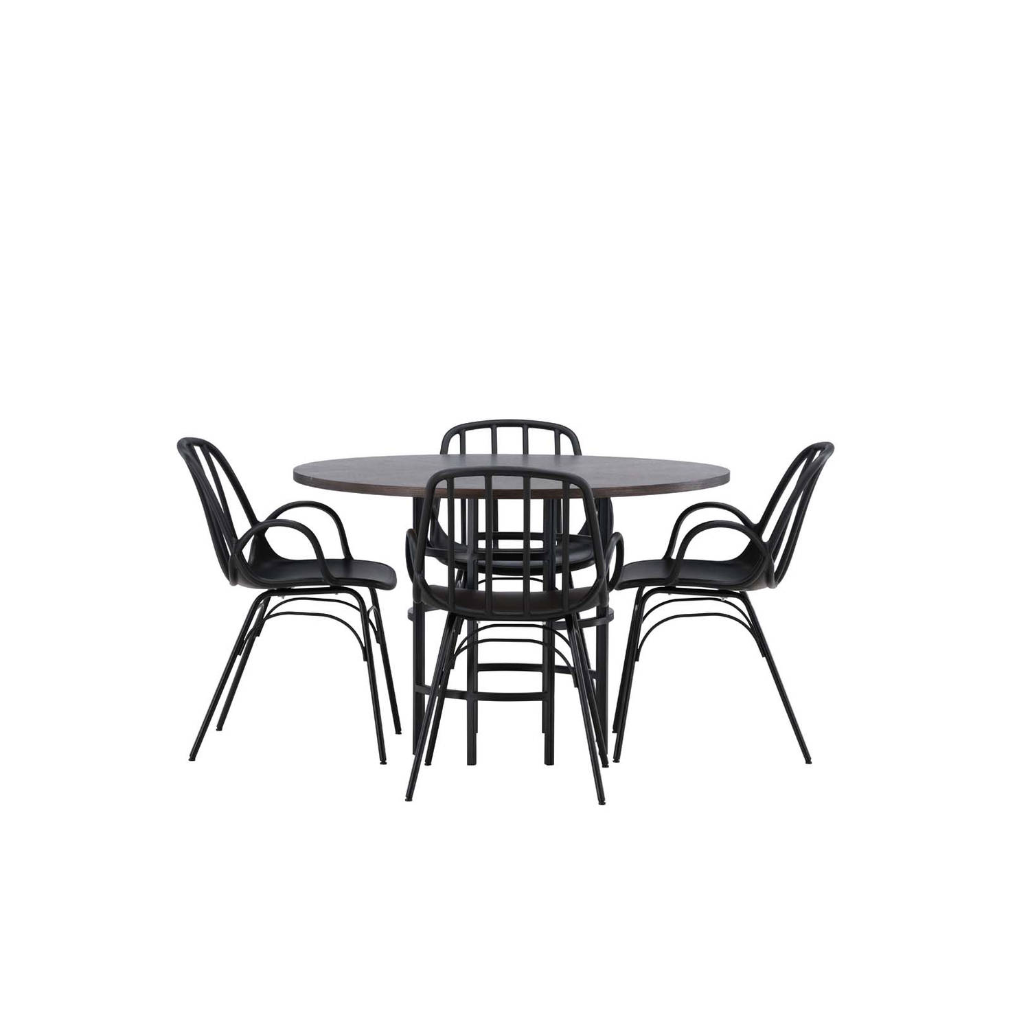 Copenhagen eethoek tafel mokka en 4 Dyrön stoelen zwart.