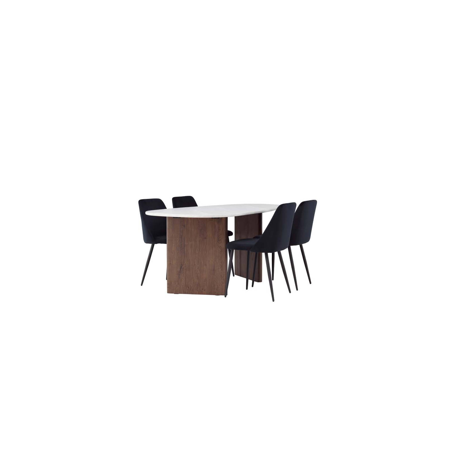 Grönvik eethoek tafel offwhite en 4 Night stoelen zwart.