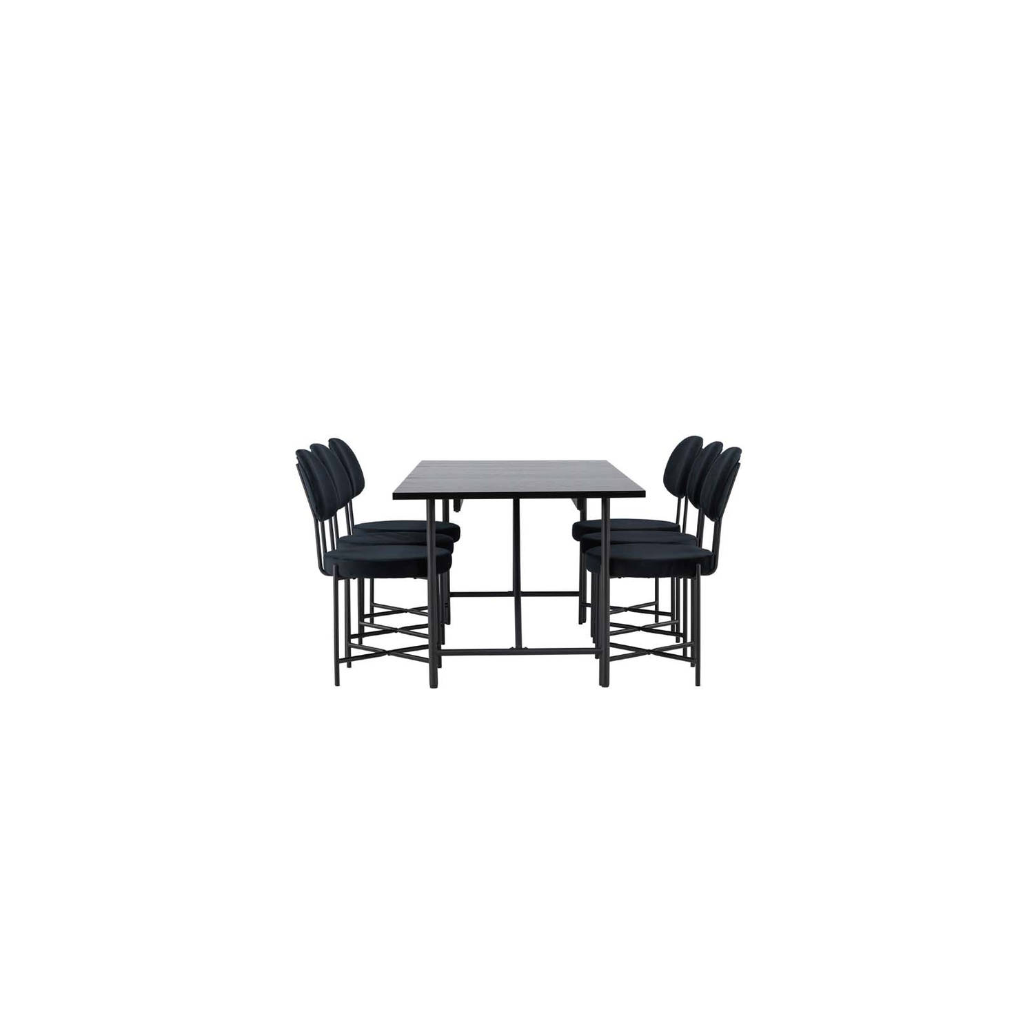 Astrid eethoek tafel zwart en 6 Stella stoelen zwart.