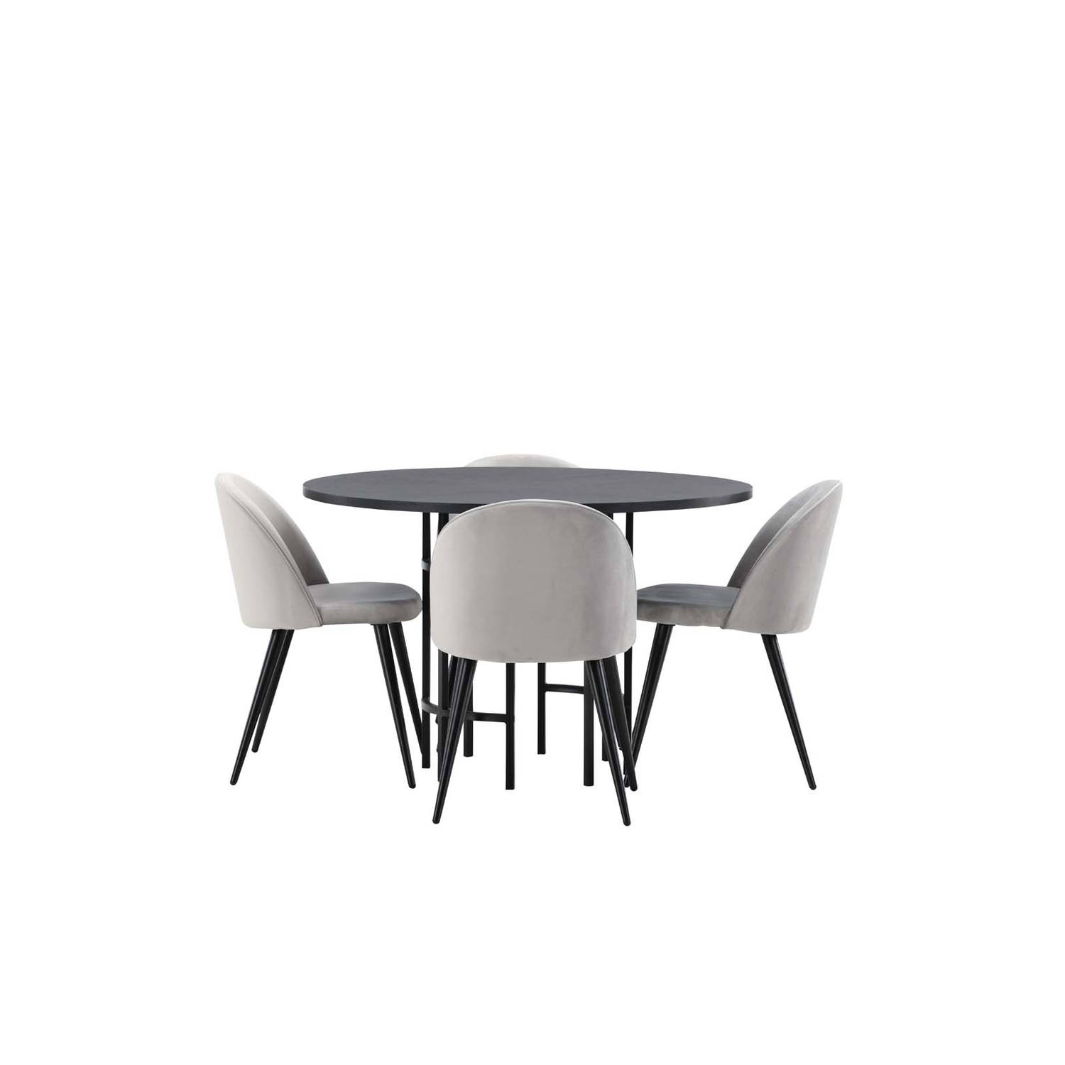 Copenhagen eethoek tafel zwart en 4 Velvet stoelen grijs.
