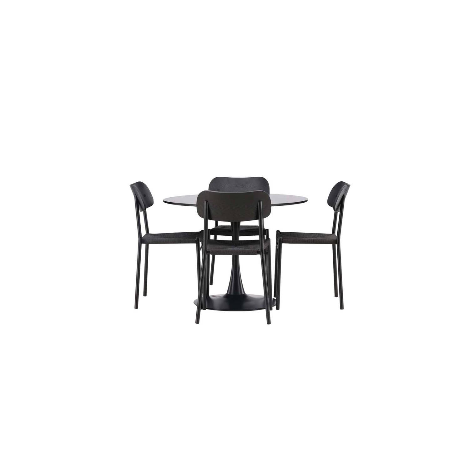 Glade eethoek tafel zwart en 4 Polly stoelen zwart.