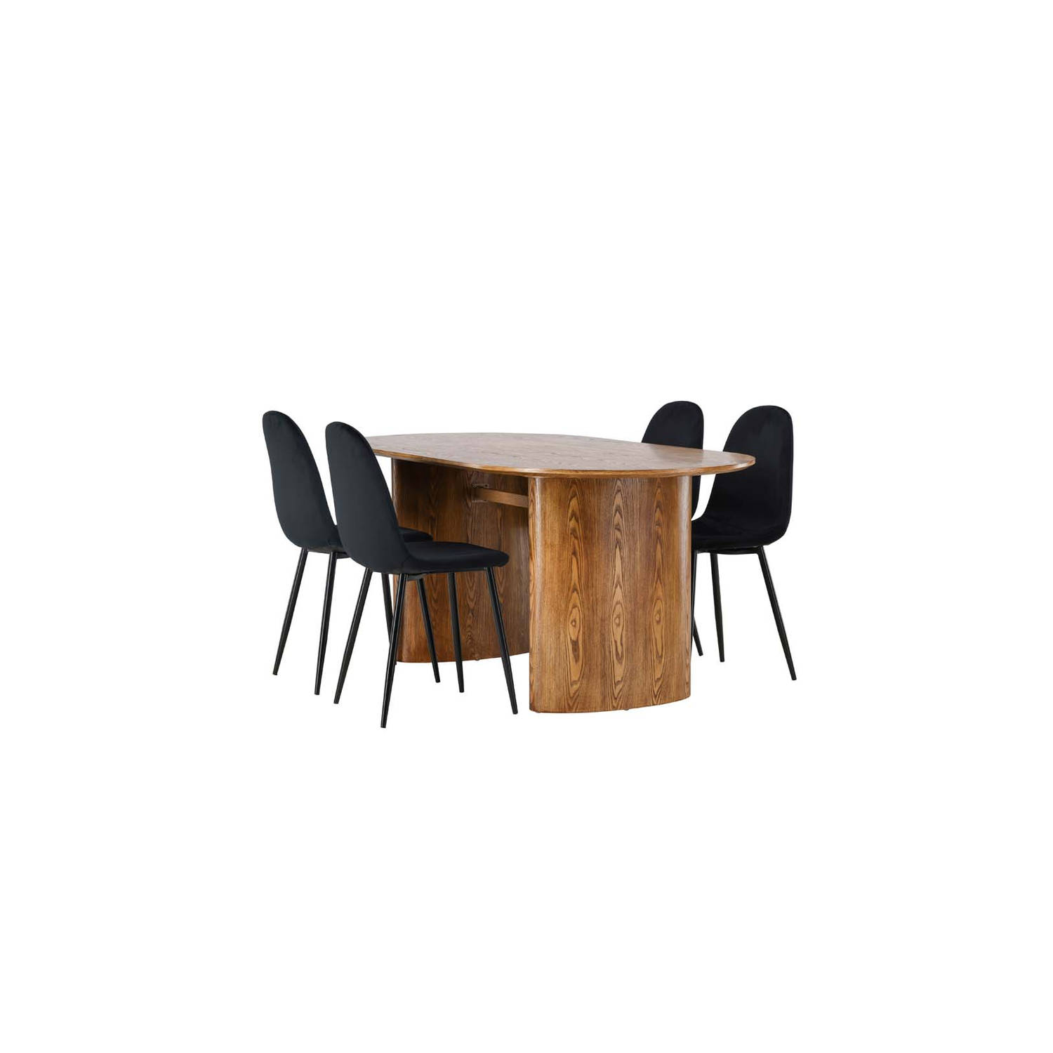 Isolde eethoek tafel naturel en 4 Polar stoelen zwart.