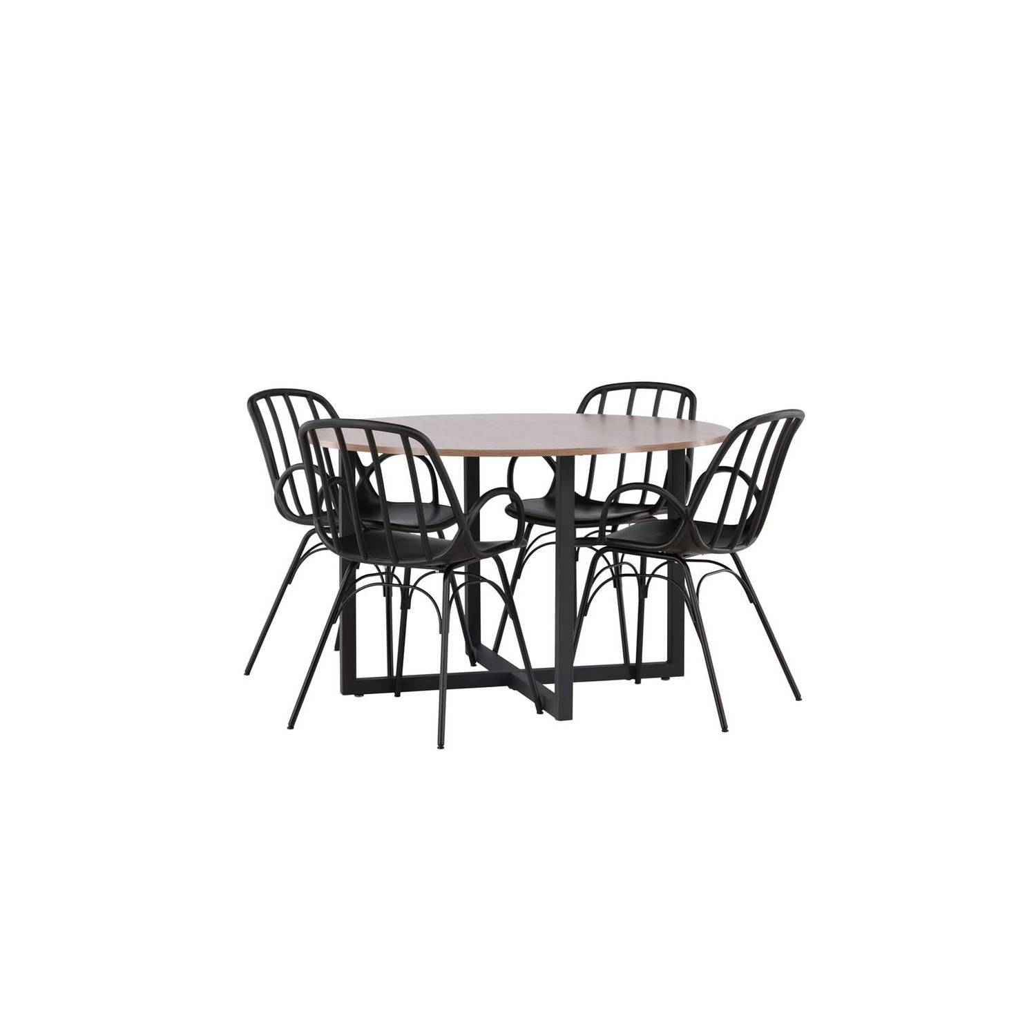 Durango eethoek tafel okkernoot decor en 4 Dyrön stoelen zwart.