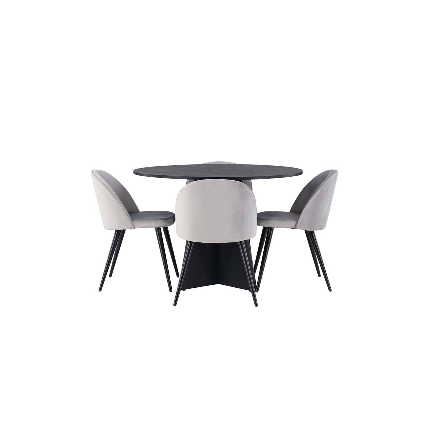 Bootcut eethoek tafel zwart en 4 Velvet stoelen grijs.