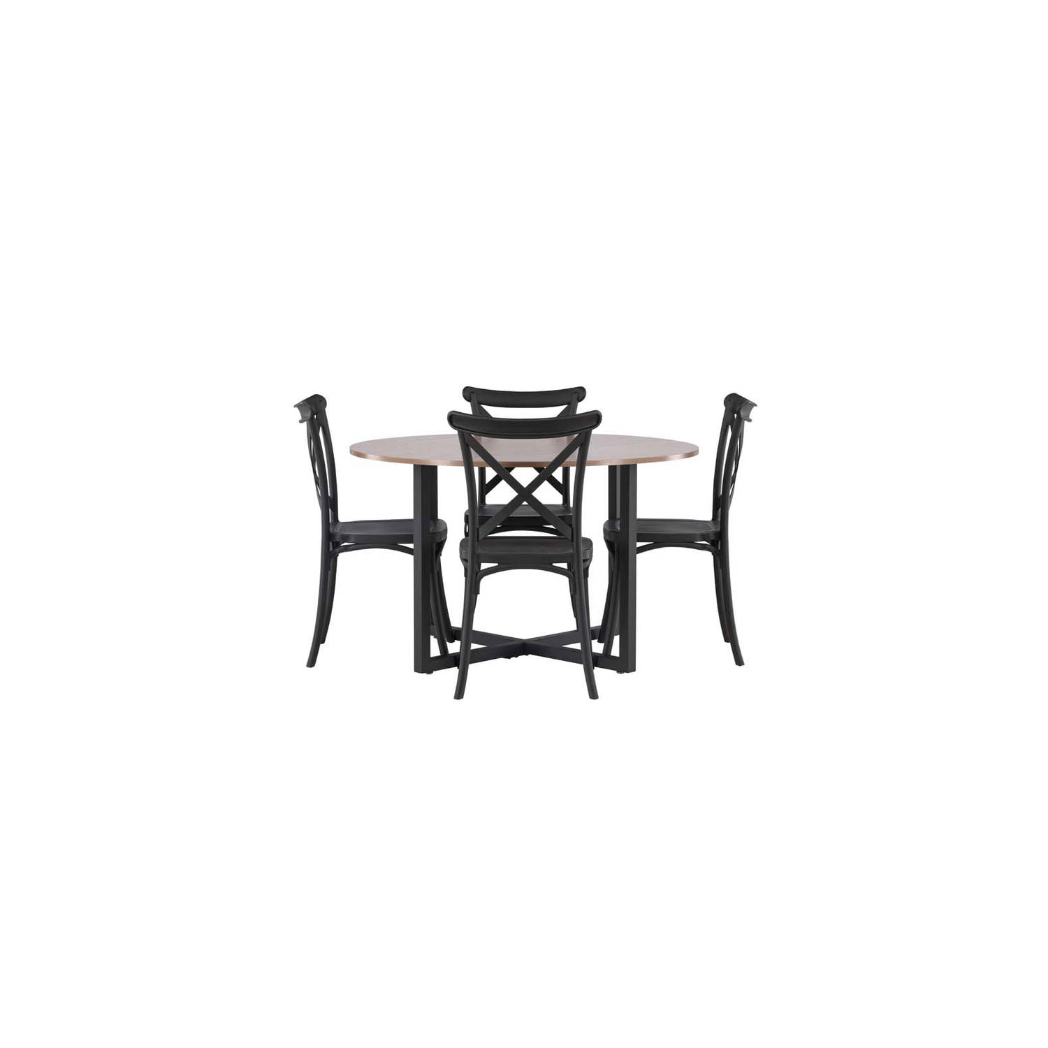 Durango eethoek tafel okkernoot decor en 4 Crosett stoelen zwart.