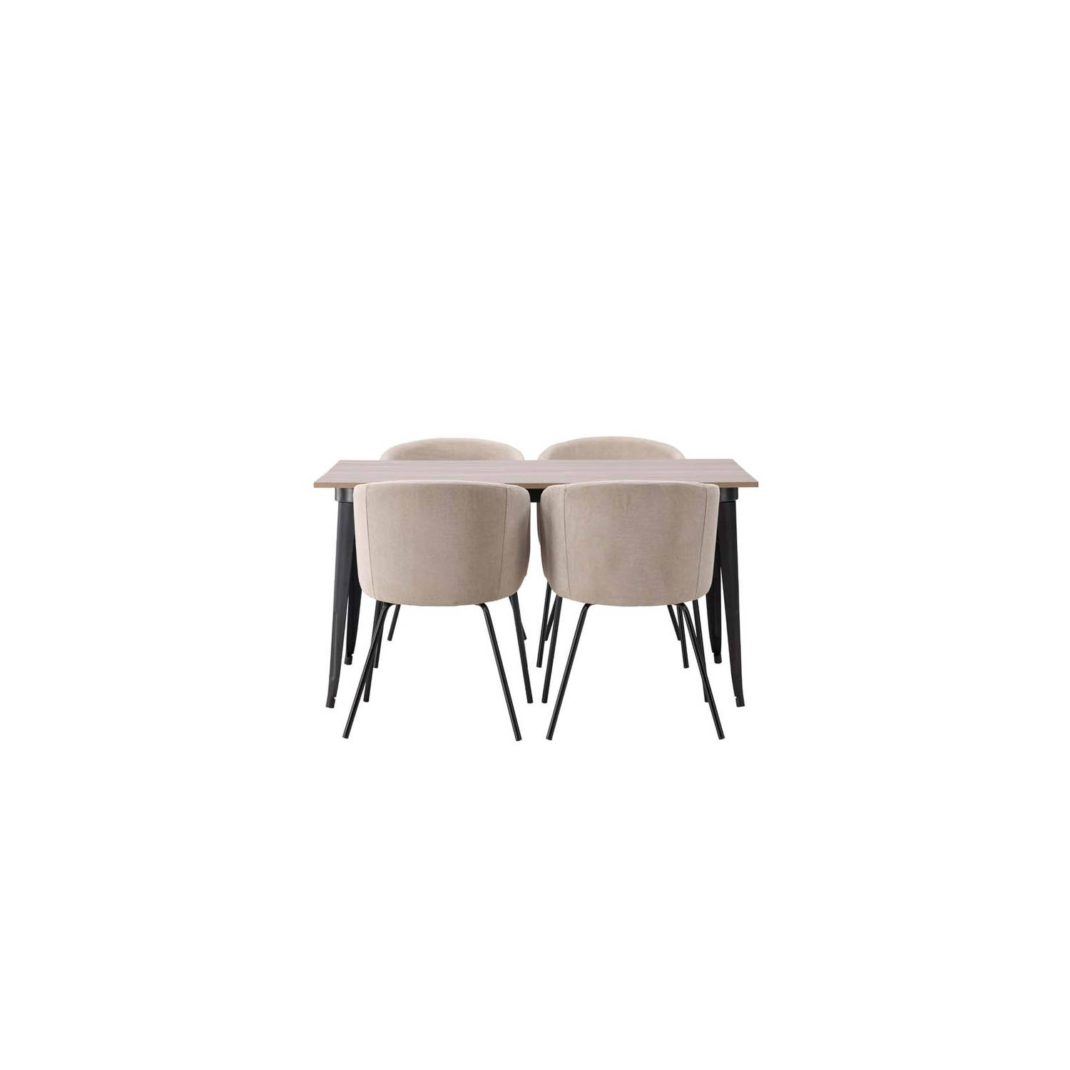 Tempe eethoek tafel okkernoot decor en 4 berit stoelen beige.