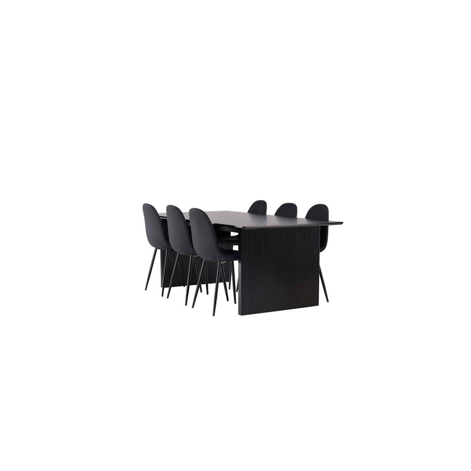 Vail eethoek tafel zwart en 6 Polar stoelen zwart.