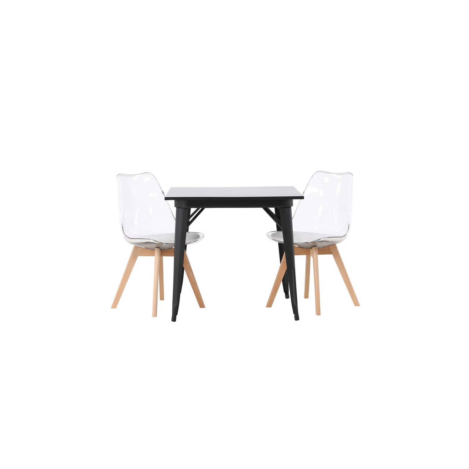 Tempe eethoek tafel zwart en 2 Edvin stoelen transparant.