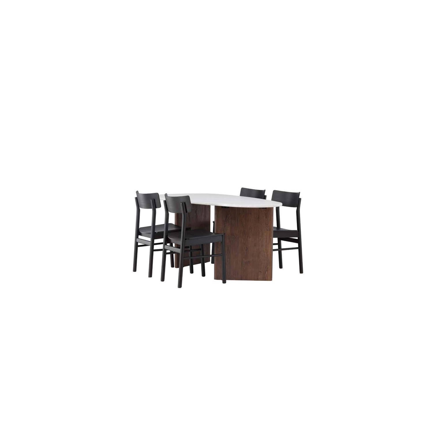 Grönvik eethoek tafel offwhite en 4 Montros stoelen zwart.