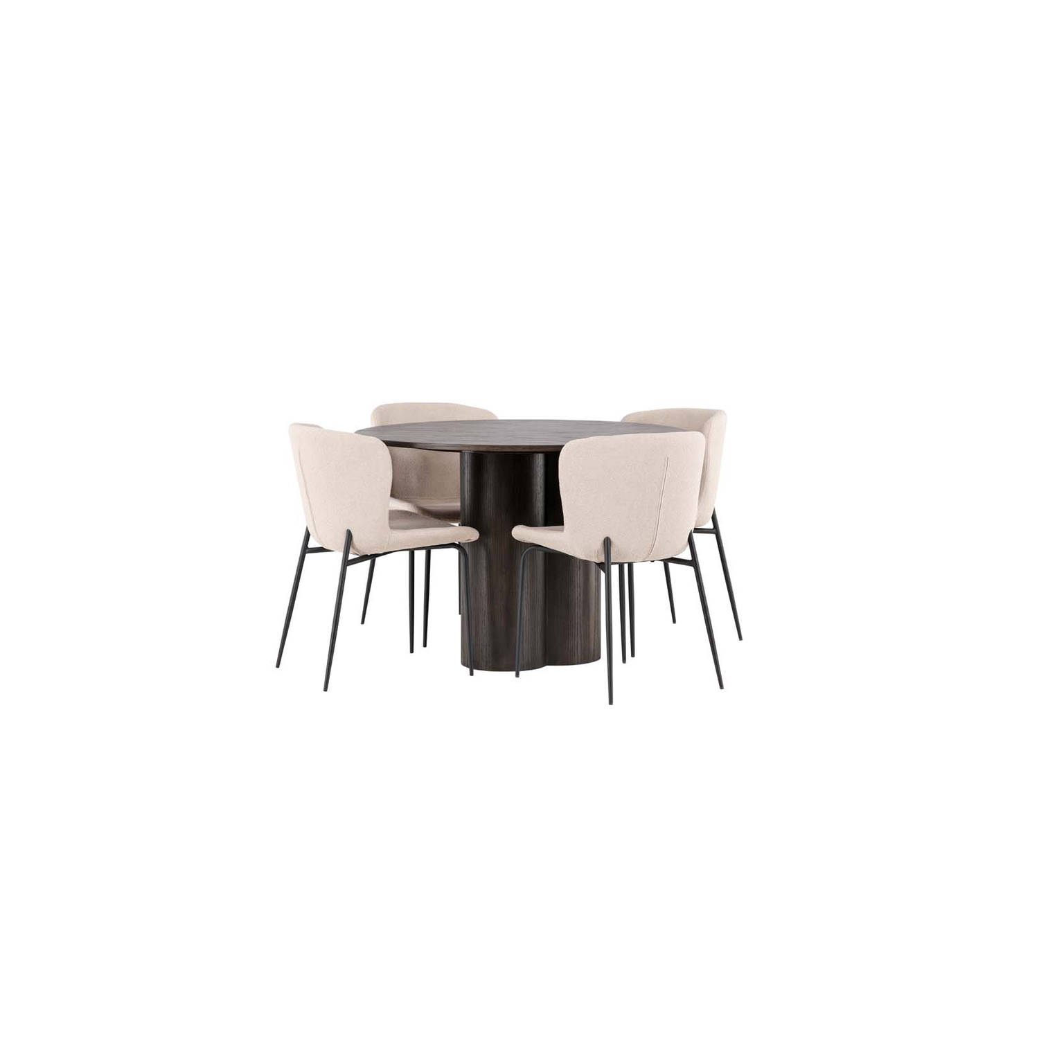 Olivia eethoek tafel mokka en 4 Modesto stoelen beige.