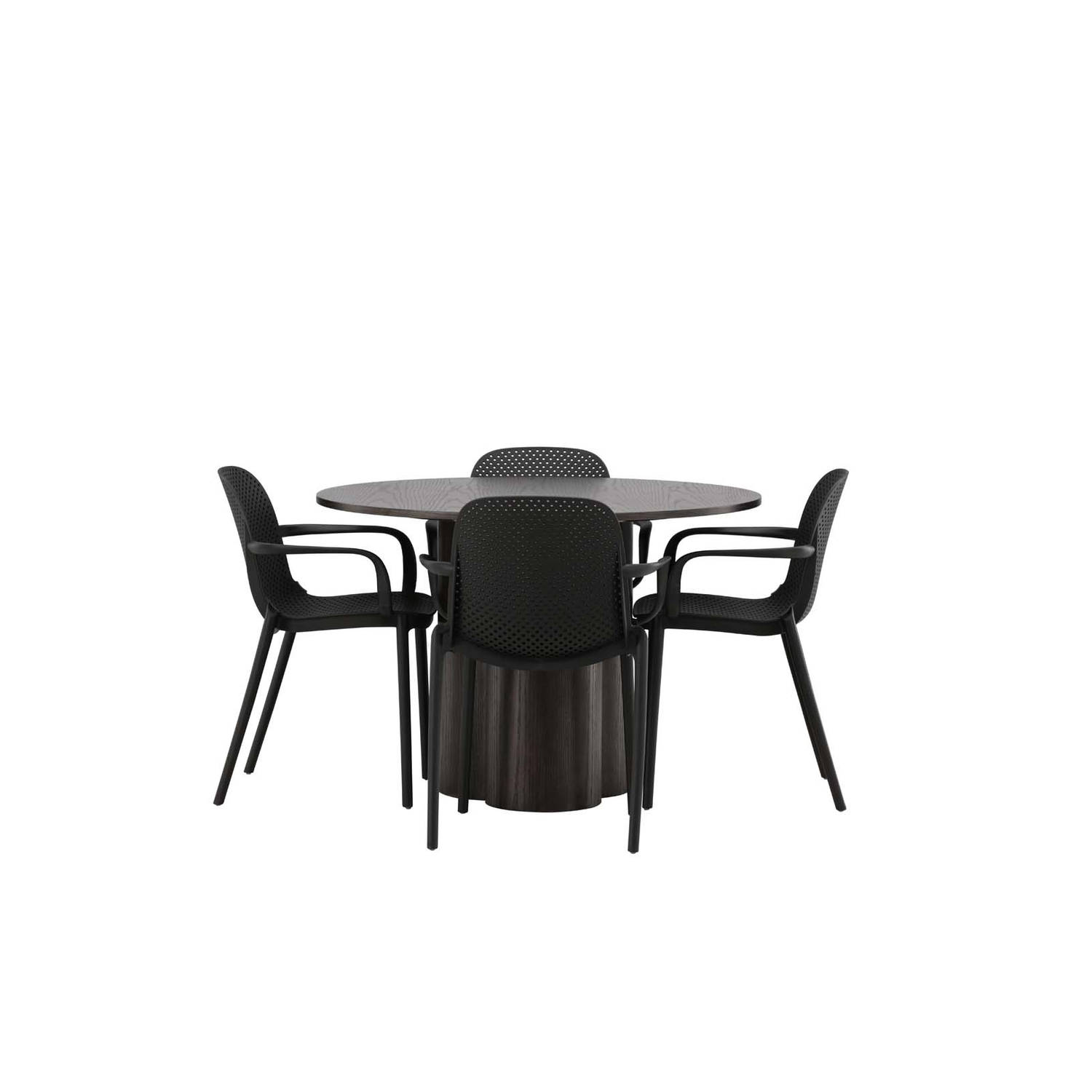 Olivia eethoek tafel mokka en 4 baltimore stoelen zwart.