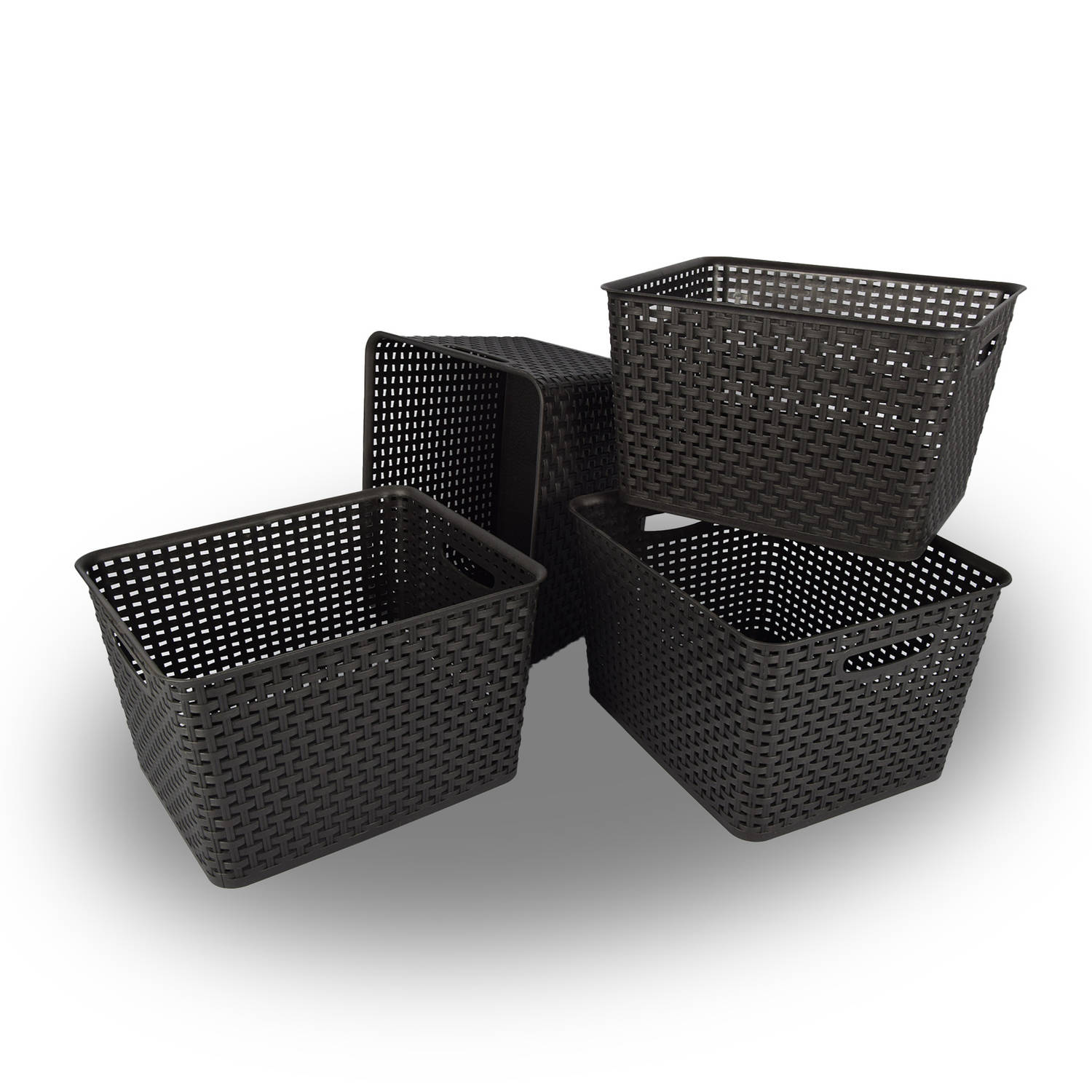 Set van 4 Zwarte Gevlochten Opbergboxen | 17L, 100% Gerecycled Plastic | 35cm x 22cm x 29cm | Ideaal voor Speelgoed, Kleding en Huishoudelijke Organisatie