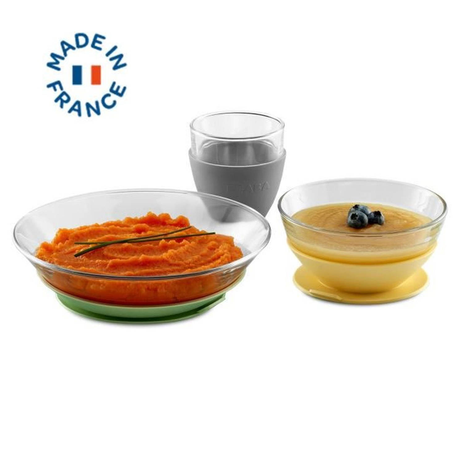 BEABA, Geel glazen maaltijdbox - Een glazen bord, kom en beker met een zachte bodem