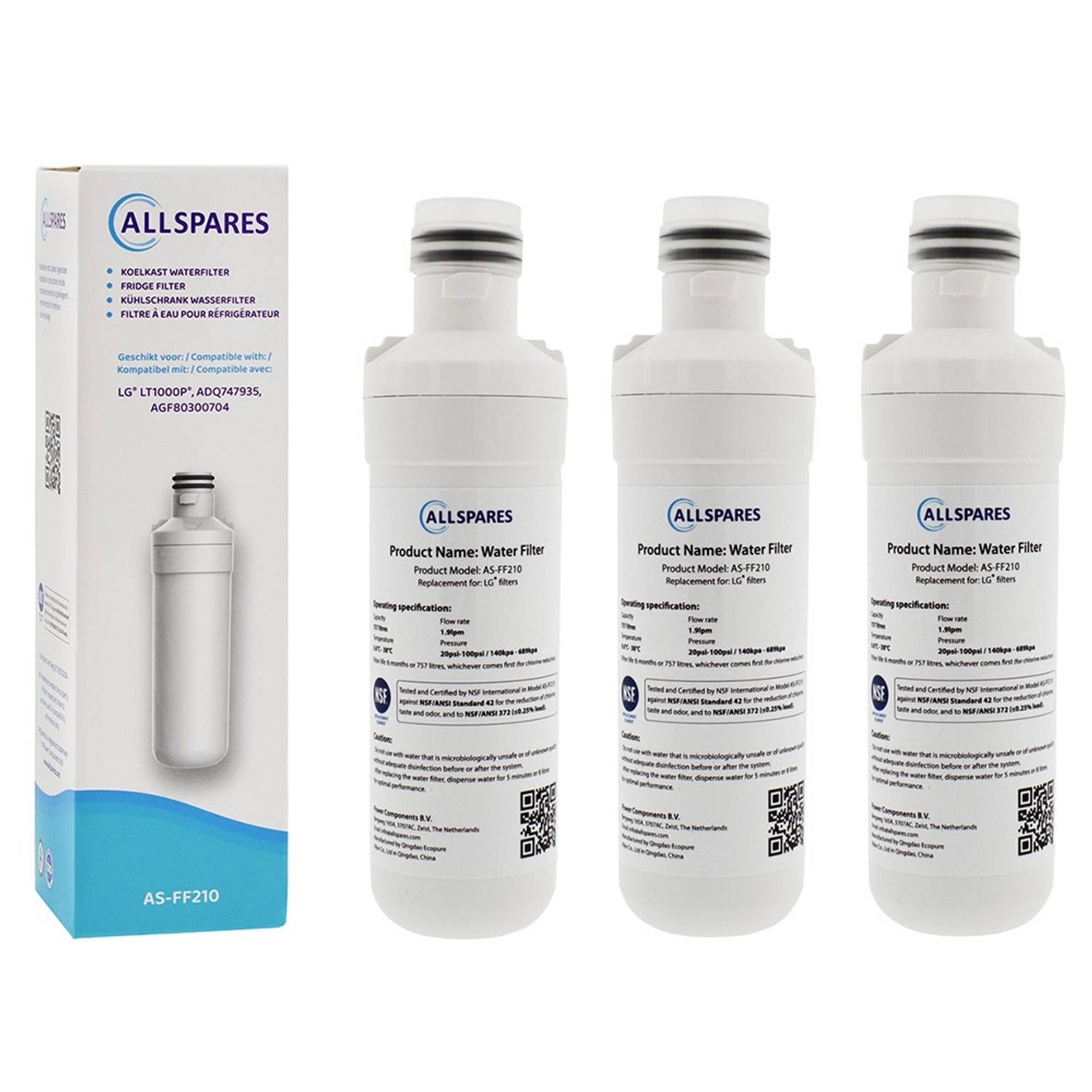 AllSpares Waterfilter (3x) voor koelkast geschikt voor LG LT1000P-AGF80300704-ADQ74793501