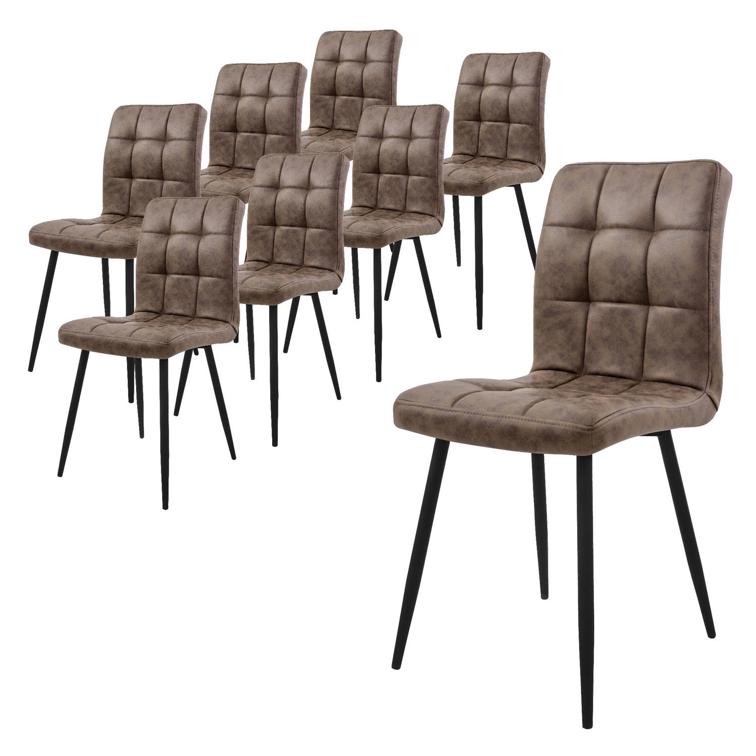 ML-Design eetkamerstoelen set van 8 bruin, keukenstoel met kunstlederen bekleding, woonkamerstoel met rugleuning, gestoffeerde stoel met metalen poten, ergonomische stoel voor eett