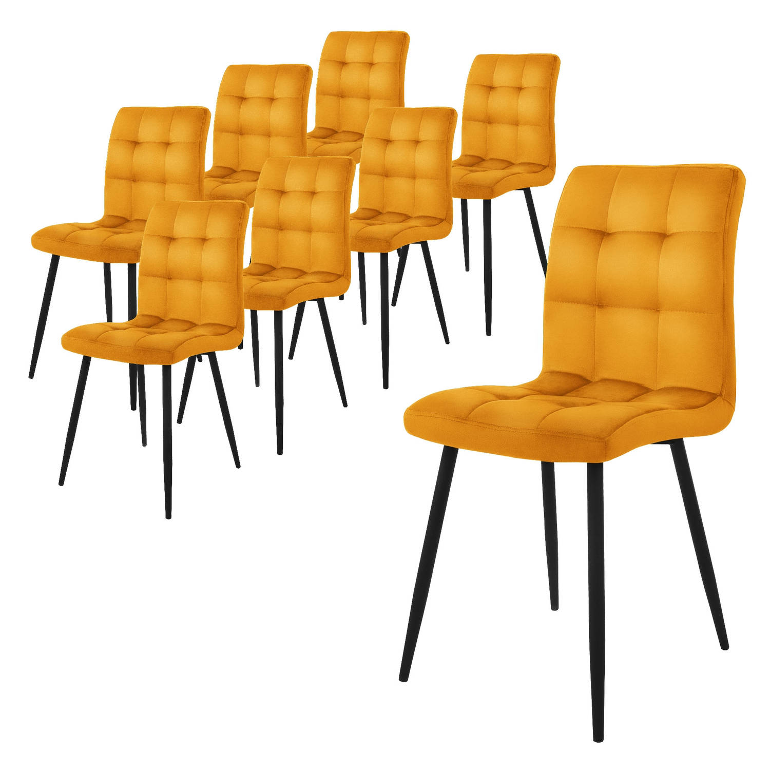 ML-Design eetkamerstoelen set van 8, mosterdgeel, keukenstoel met fluwelen bekleding, woonkamerstoel met rugleuning, gestoffeerde stoel met metalen poten, ergonomische stoel voor e