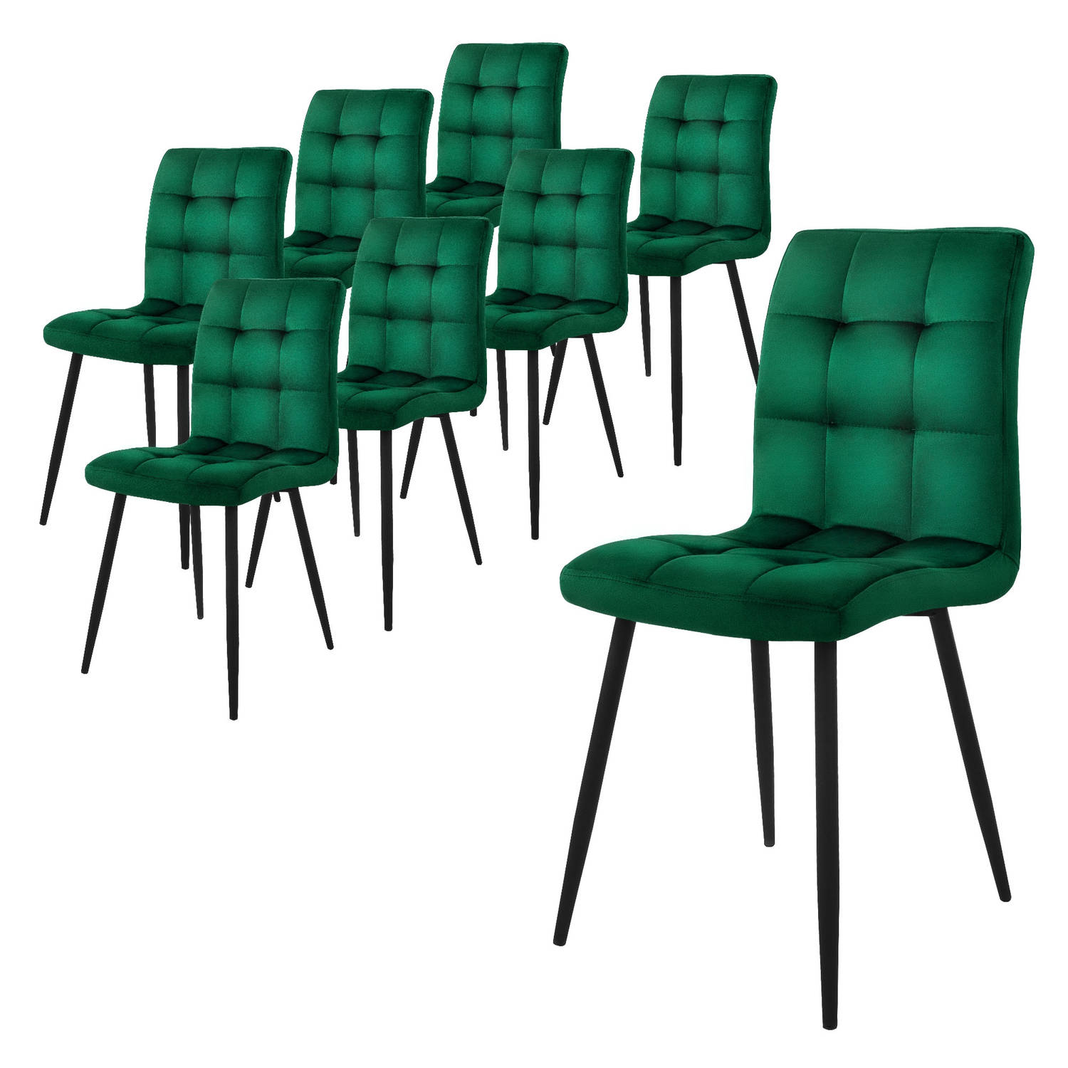 ML-Design eetkamerstoelen set van 8, donkergroen, keukenstoel met fluwelen bekleding, woonkamerstoel met rugleuning, gestoffeerde stoel met metalen poten, ergonomische stoel voor e