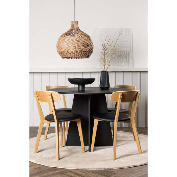 Bootcut eethoek tafel zwart en 4 Sanjos stoelen naturel.