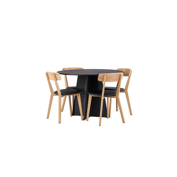 Bootcut eethoek tafel zwart en 4 Sanjos stoelen naturel.