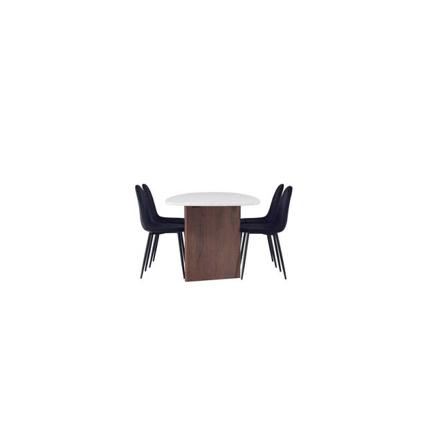 Grönvik eethoek tafel offwhite en 4 Polar stoelen zwart.