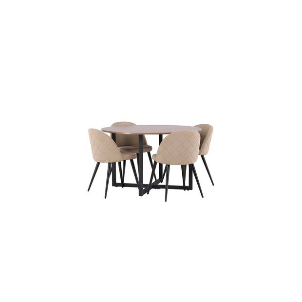 Durango eethoek tafel okkernoot decor en 4 Velvet stoelen beige.