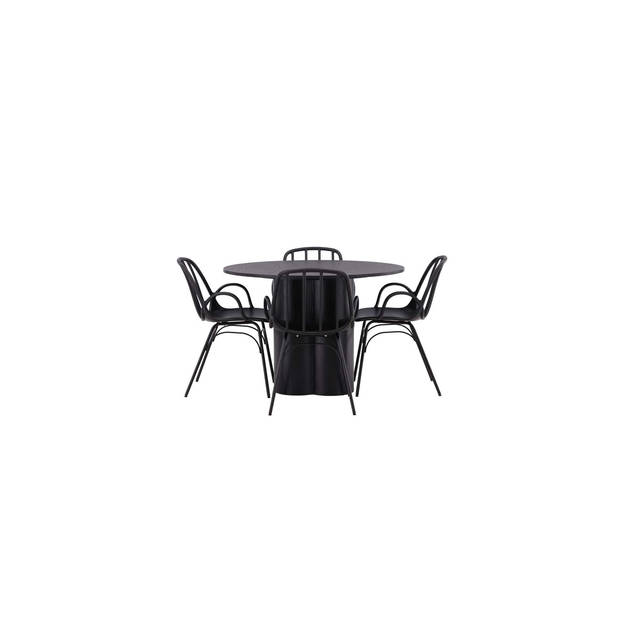 Olivia eethoek tafel zwart en 4 Dyrön stoelen zwart.