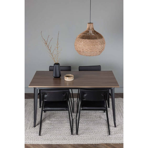 Tempe eethoek tafel okkernoot decor en 4 Kenth stoelen zwart.