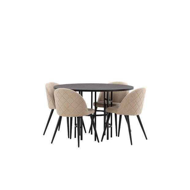 Copenhagen eethoek tafel zwart en 4 Velvet stoelen beige.