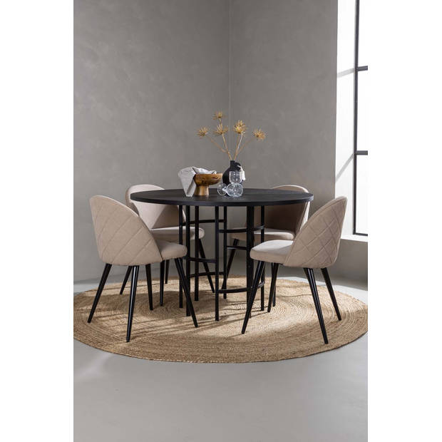 Copenhagen eethoek tafel zwart en 4 Velvet stoelen beige.