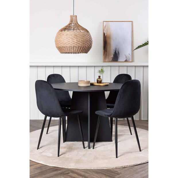 Bootcut eethoek tafel zwart en 4 Polar stoelen zwart.