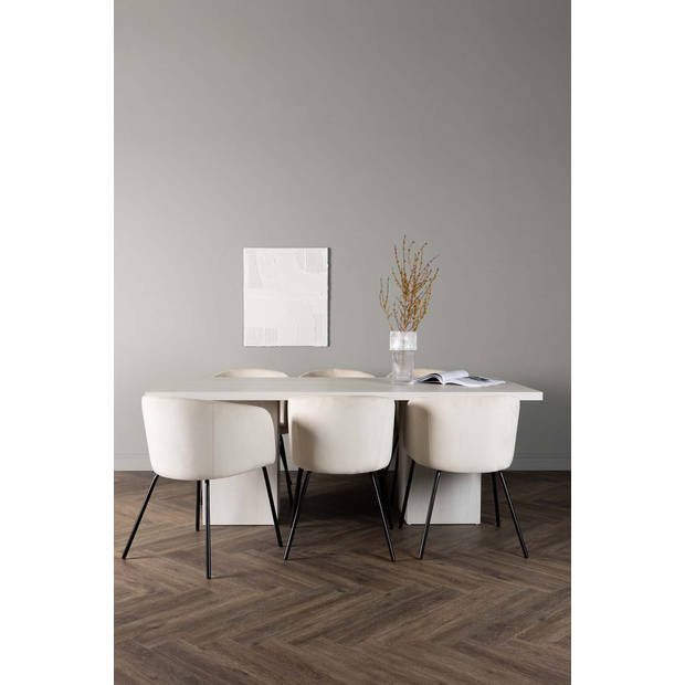 Olga eethoek tafel wit en 6 berit stoelen beige.