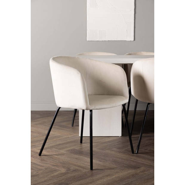 Olga eethoek tafel wit en 6 berit stoelen beige.